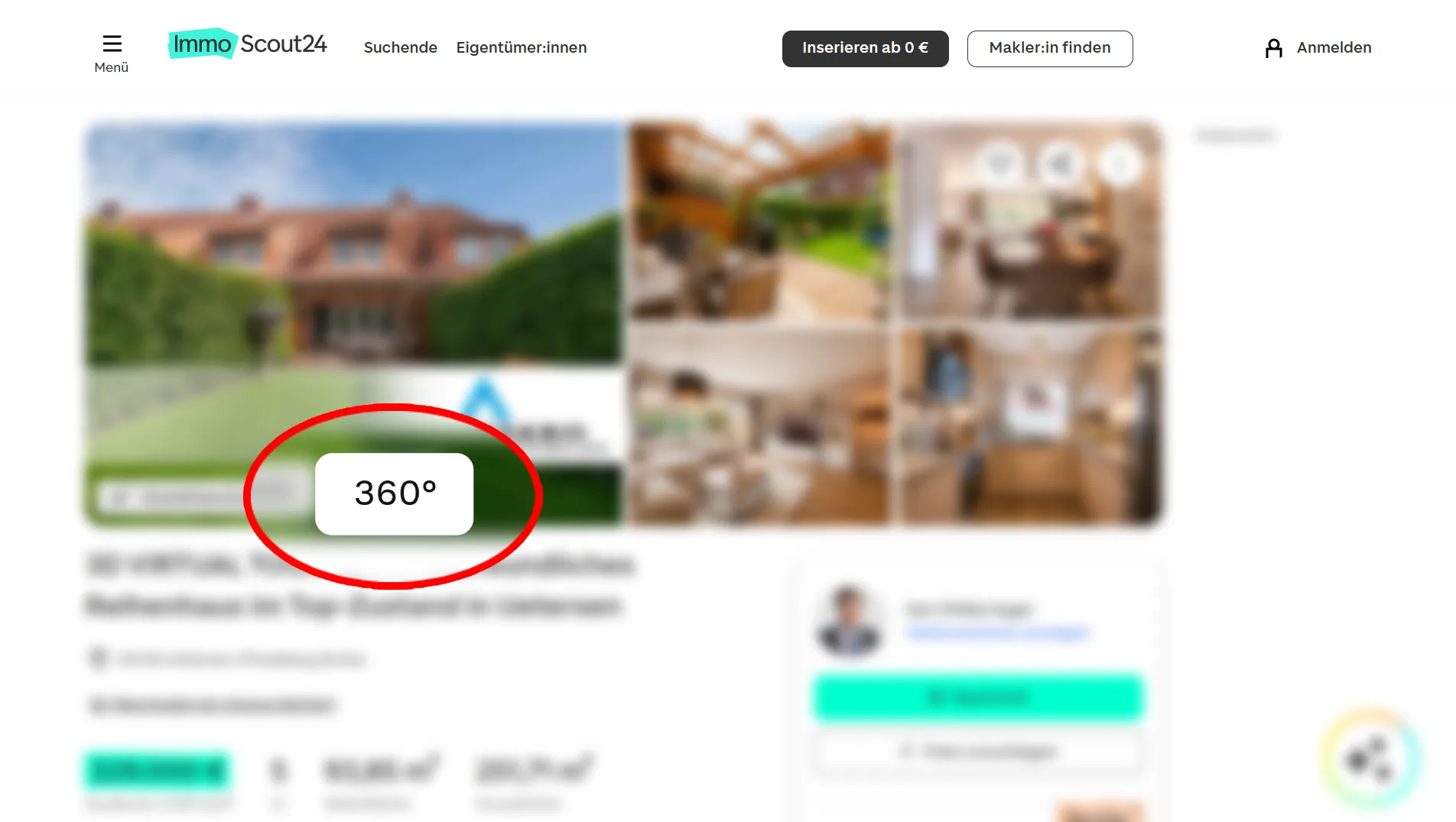Immobilienangebot bei ImmoScout24 mit hervorgehobener 360-Grad-Schaltfläche