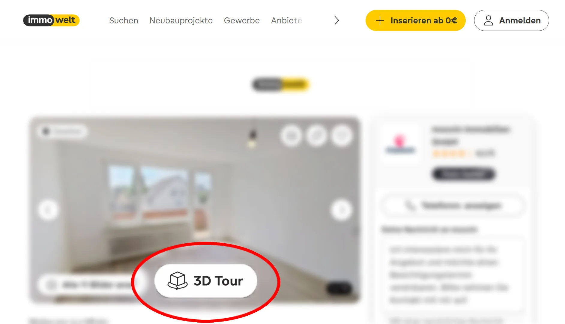 Immobilienangebot bei immowelt mit hervorgehobener Schaltfläche für die 3D-Tour