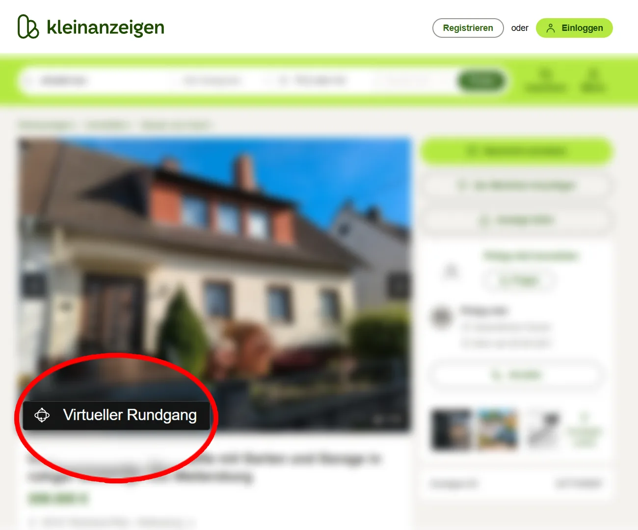 Immobilienangebot bei Kleinanzeigen mit hervorgehobener Schaltfläche für den virtuellen Rundgang